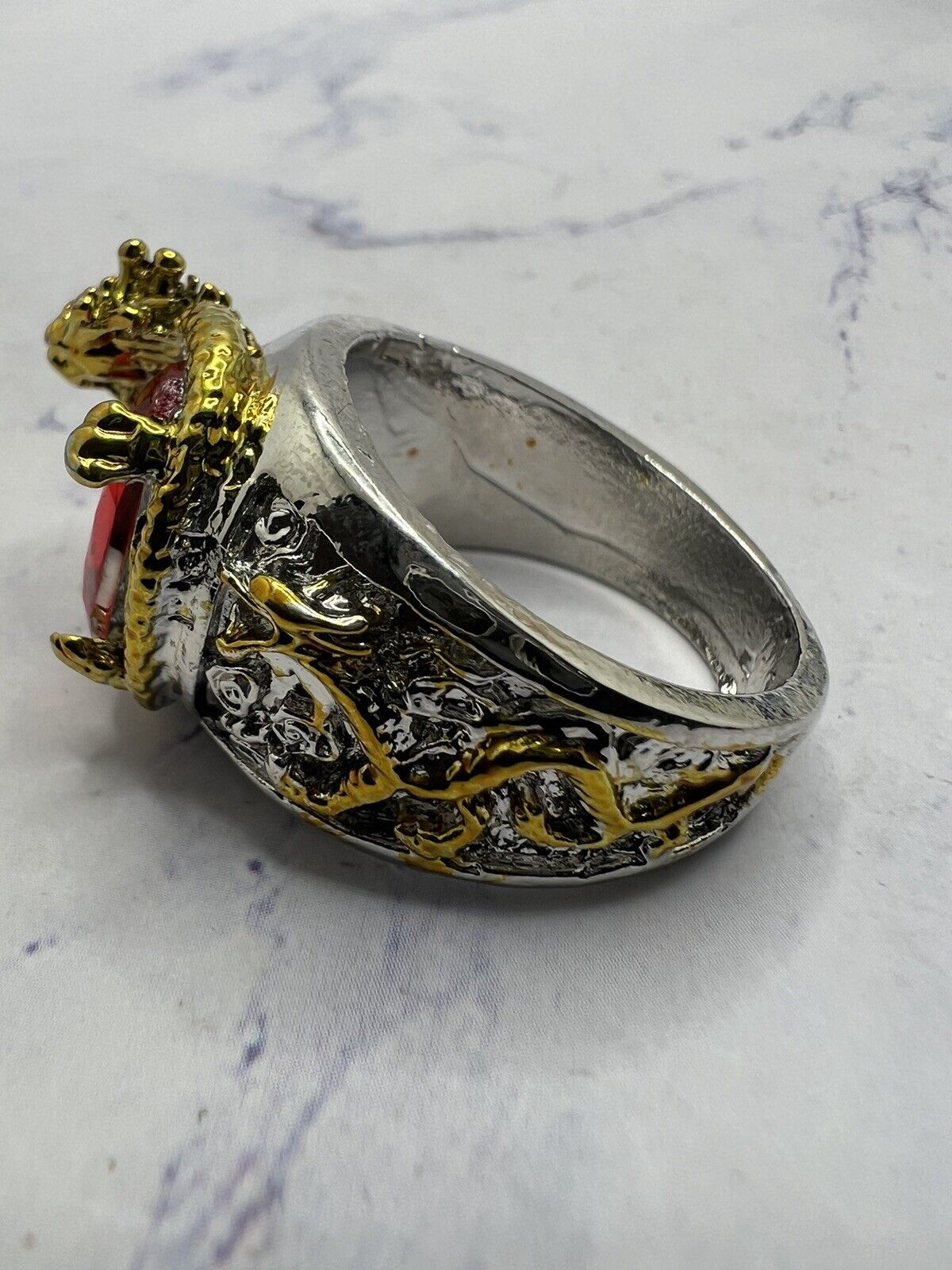 Golden Dragon Inlay Oval Red Crystal Punk Ring