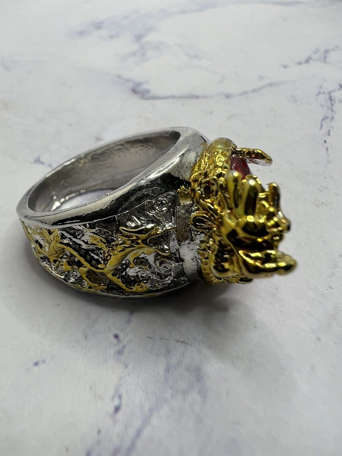 Golden Dragon Inlay Oval Red Crystal Punk Ring