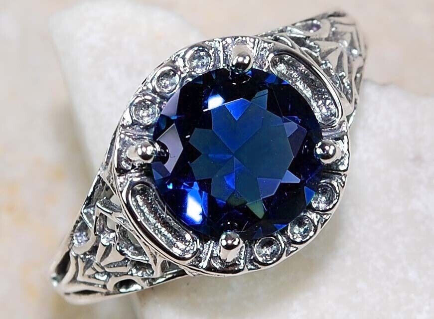 1CT Hollow Blue Sapphire Art Deco Vintage Silver Filigree Ring