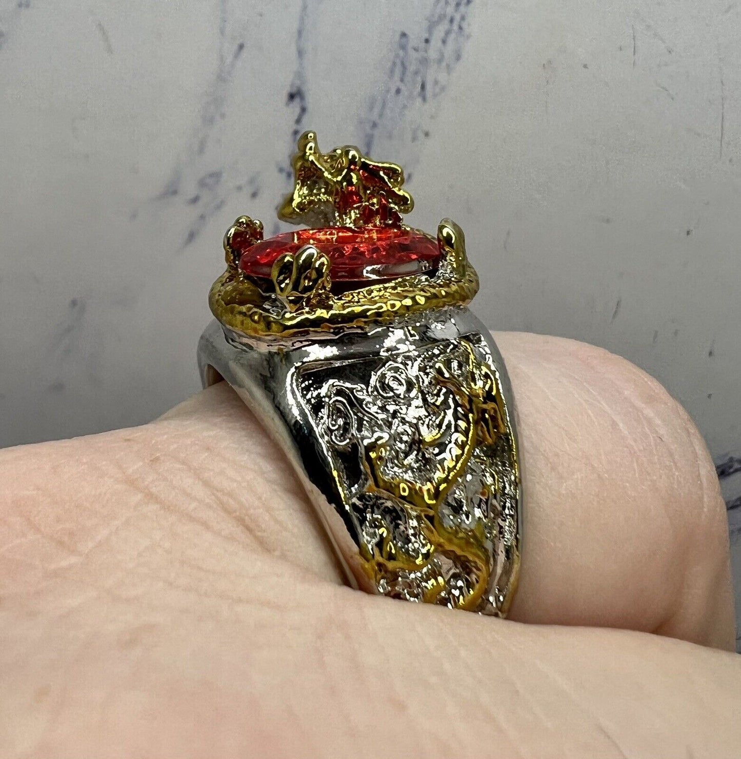 Golden Dragon Inlay Oval Red Crystal Punk Ring