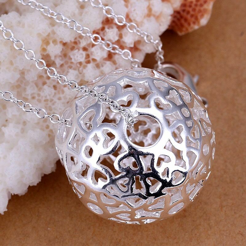 Hollow Heart Ball Sphere Pendant Silver Necklace & 18" Chain