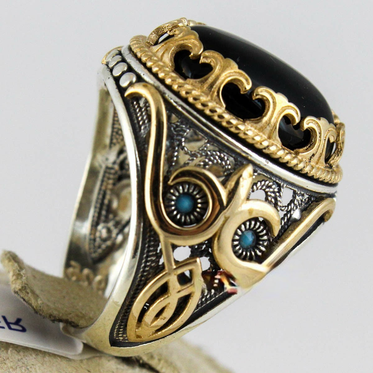 Men's Turkish Handmade Two Tone Black Zircon Vintage Ring