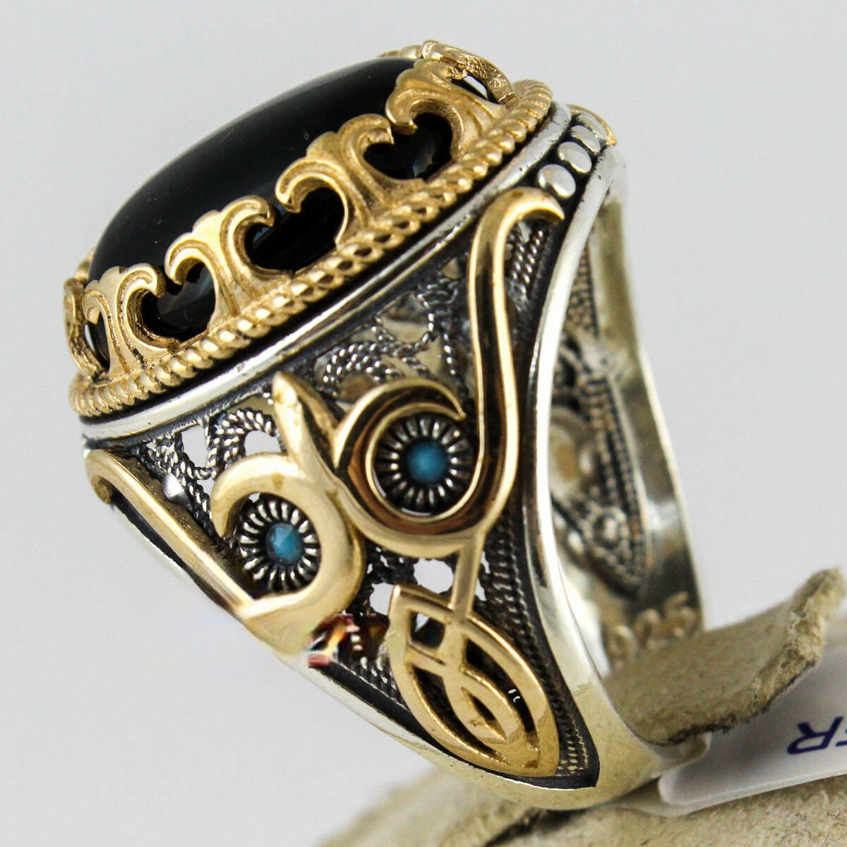 Men's Turkish Handmade Two Tone Black Zircon Vintage Ring