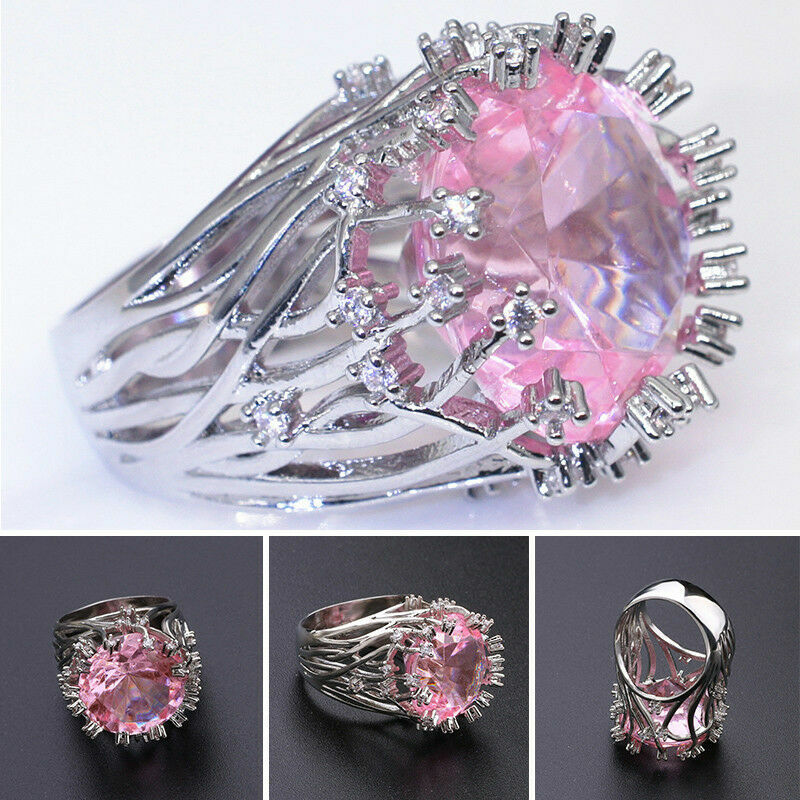 Huge Inlaid Pink Topaz Exaggerated Hollow Branch Ring