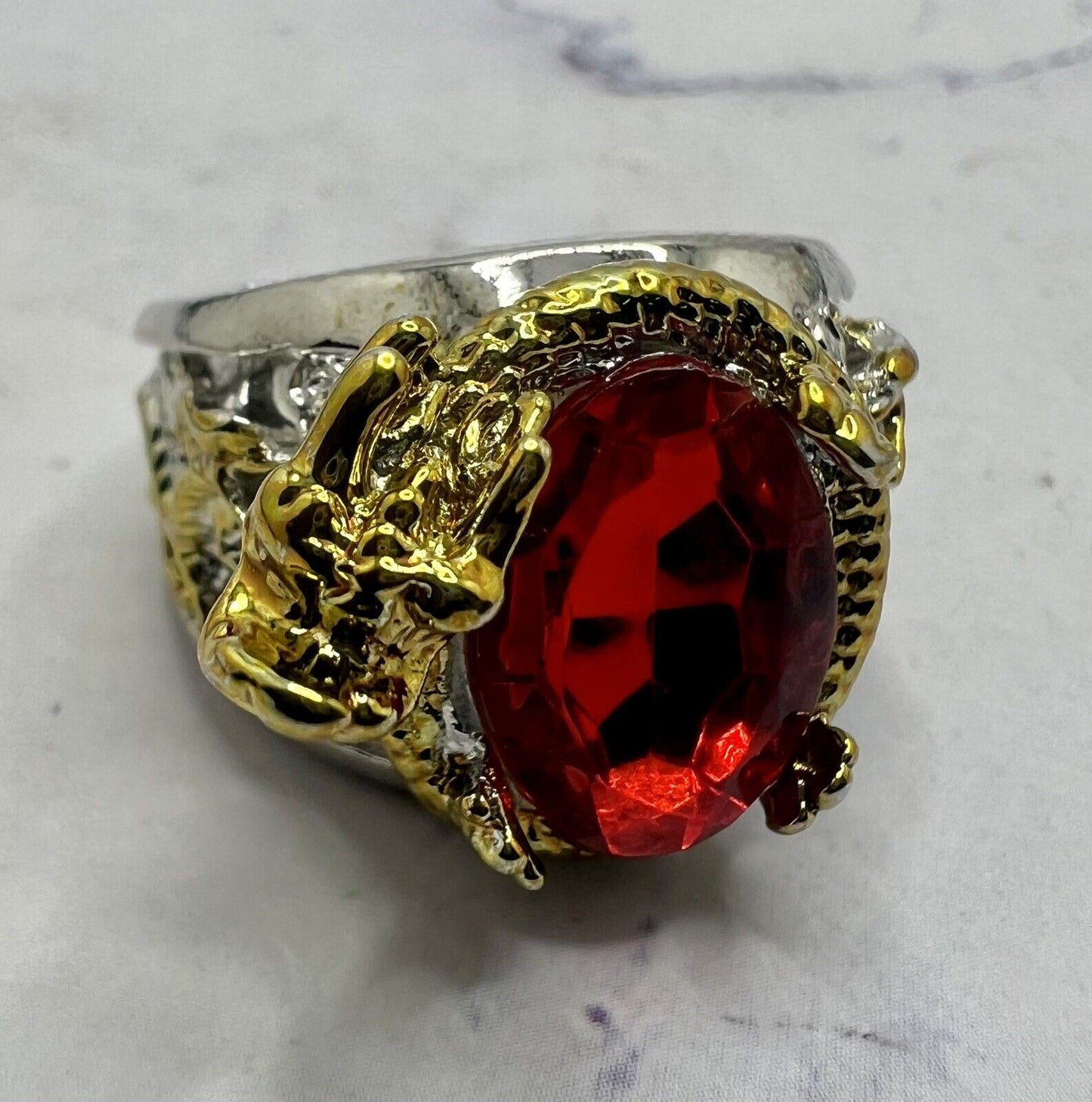 Golden Dragon Inlay Oval Red Crystal Punk Ring