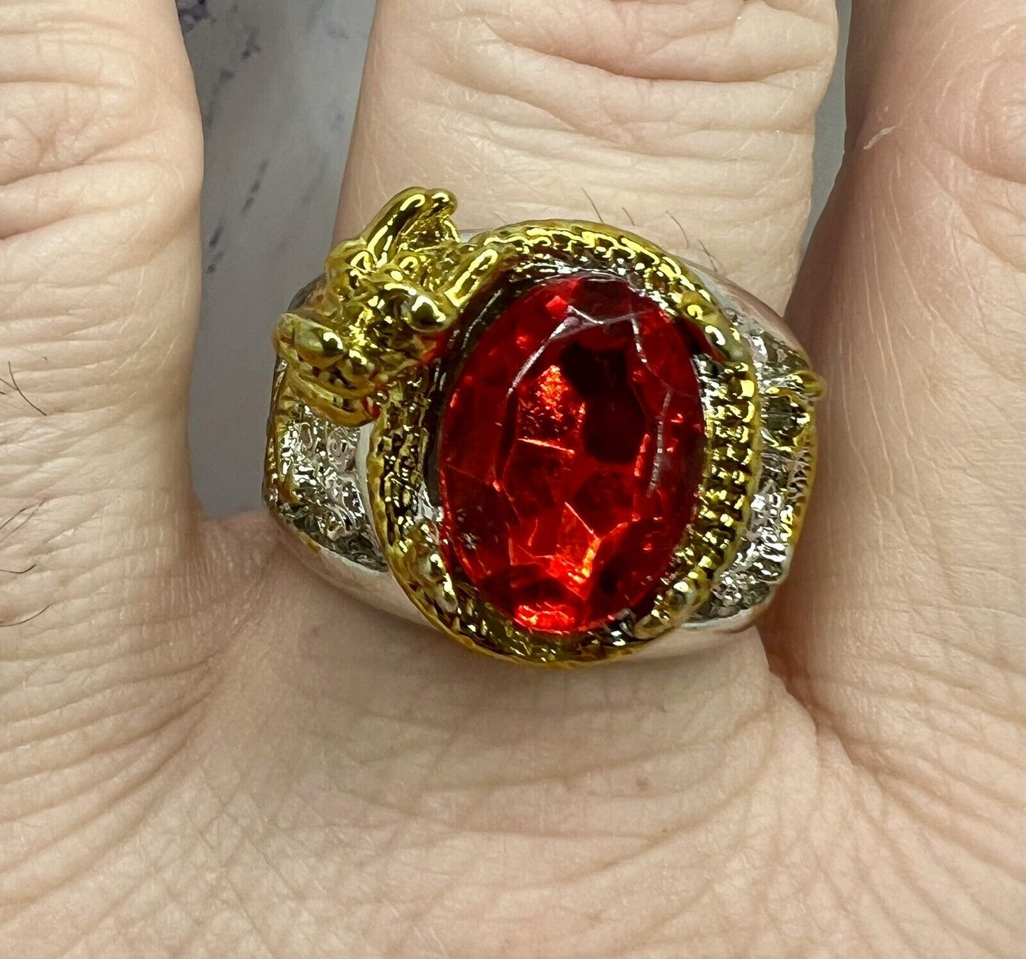 Golden Dragon Inlay Oval Red Crystal Punk Ring