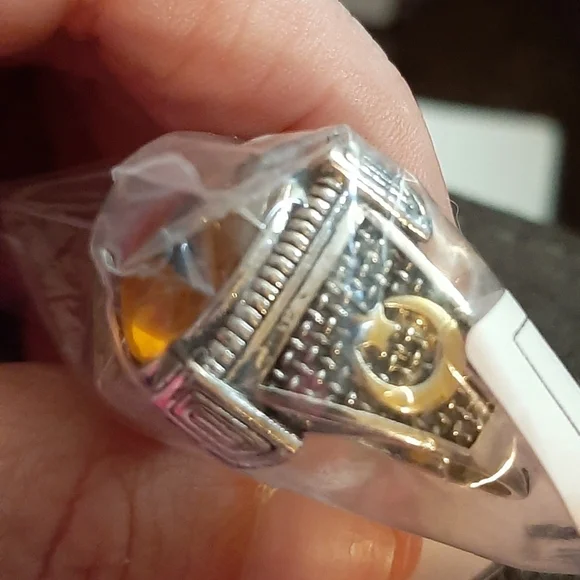 Men's Vintage Natural Agate Yellow Amber Ant Moon Silver Ring