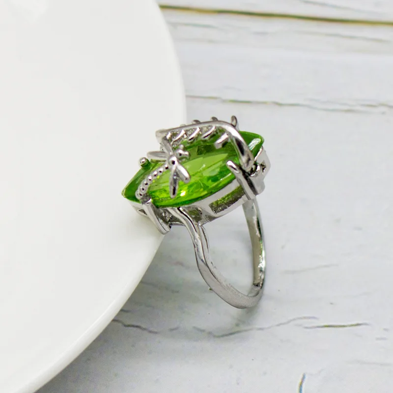 Sterling Silver Green Marquise Olive Dragonfly Ring