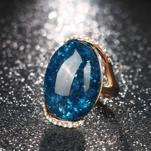 Big Oval Blue Mosaic Antique Gold Vintage Ring