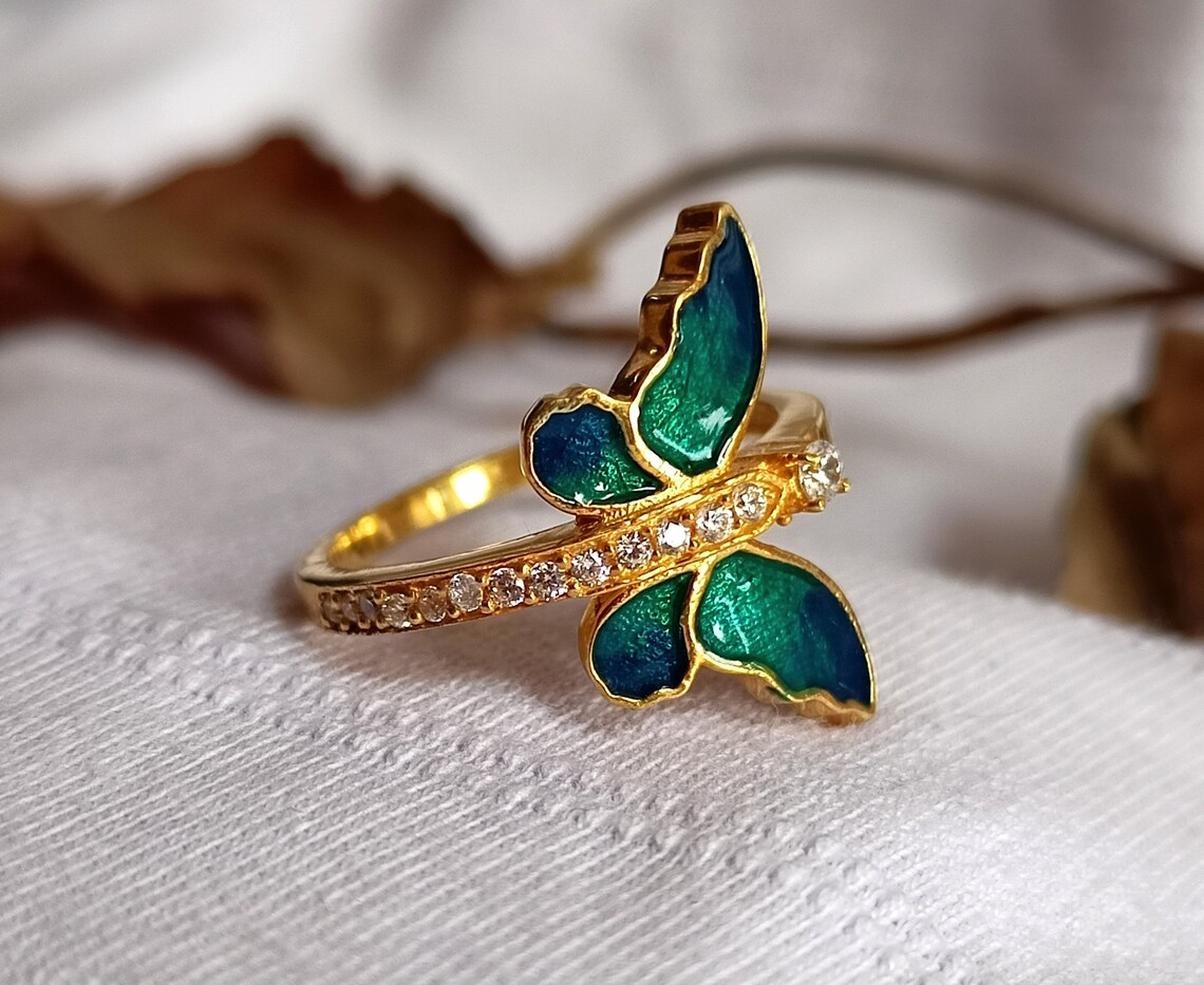 Blue Butterfly Enamel Gold Ring