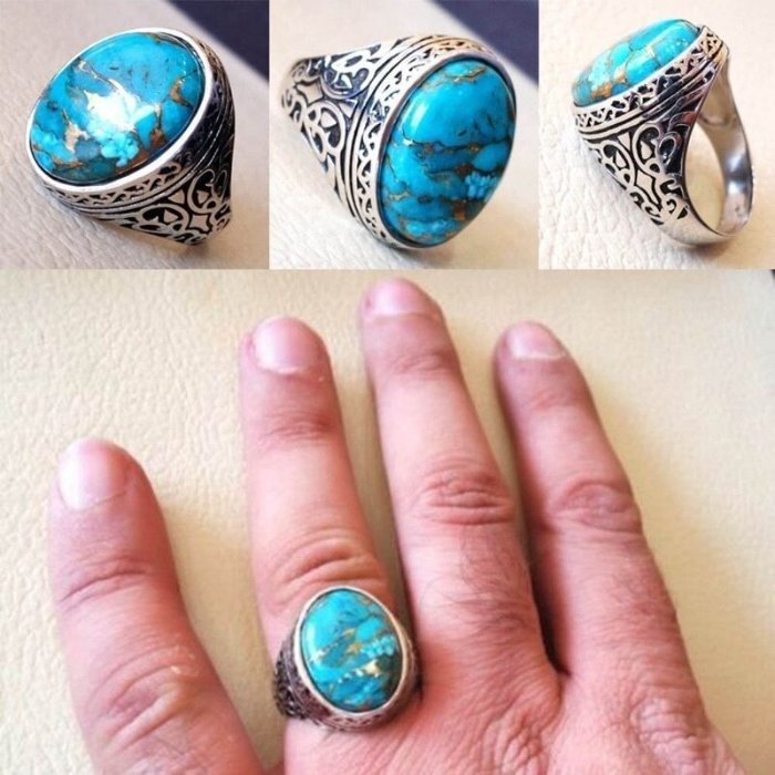 Thai Retro Style Classic Oval Blue Turquoise Silver Ring