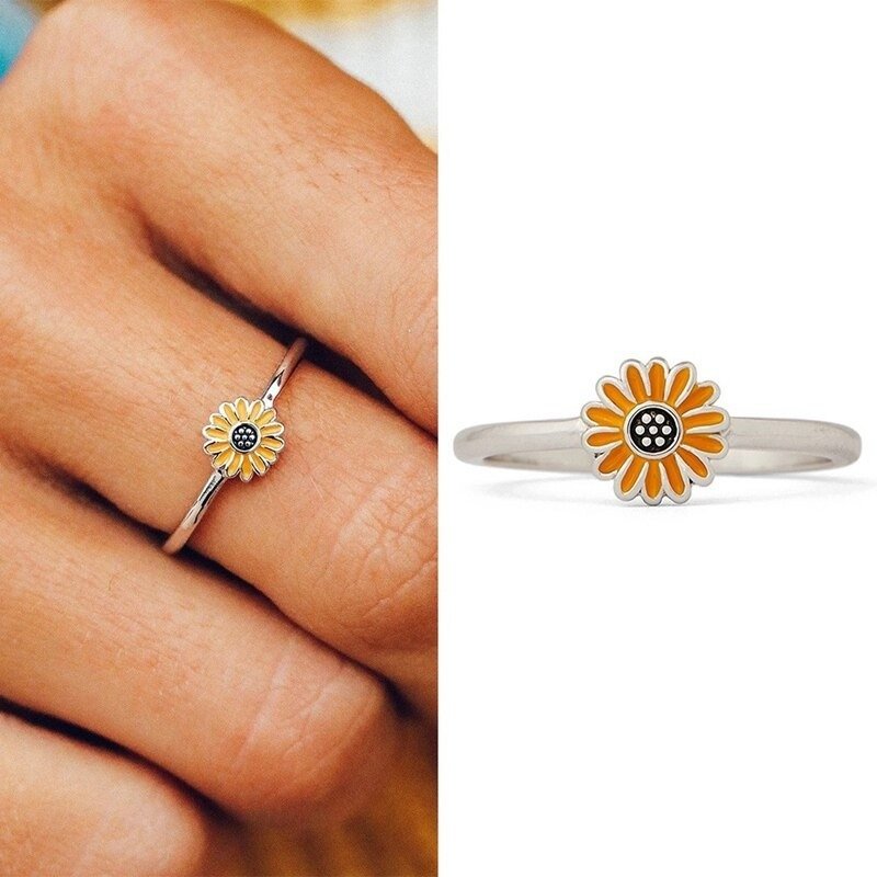 Sunflower Flower Trendy Floral Silver Ring
