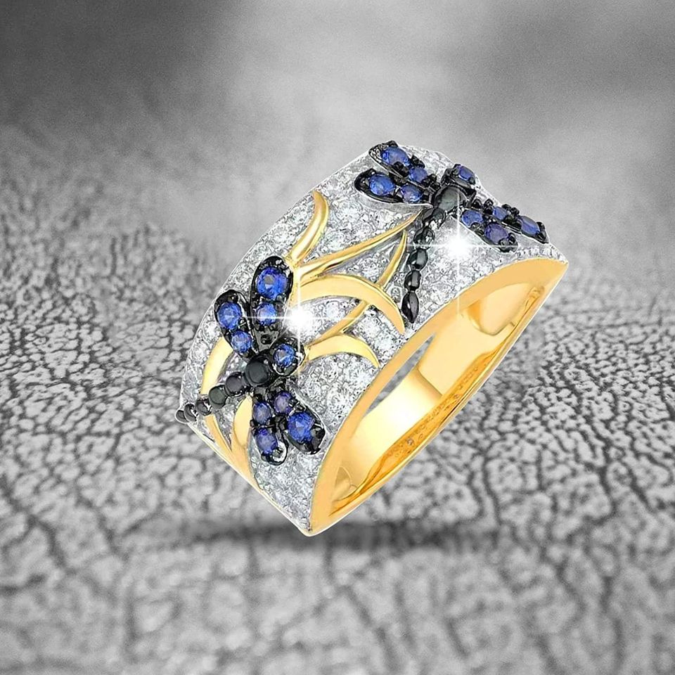 Blue Dragonfly Inlaid Crystal Gold Ring