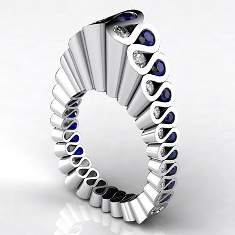 Unique Blue & White Crystal Inlaid Silver Retro Ring