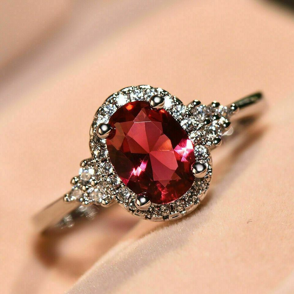 Sterling Silver Ruby Red Halo Ring for Women Oval CZ Cocktail Ring