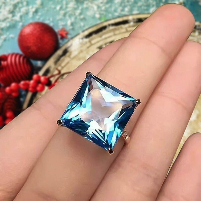 12mm Sterling Silver Filled Sea Blue Square Rhinestone Inlaid Ring