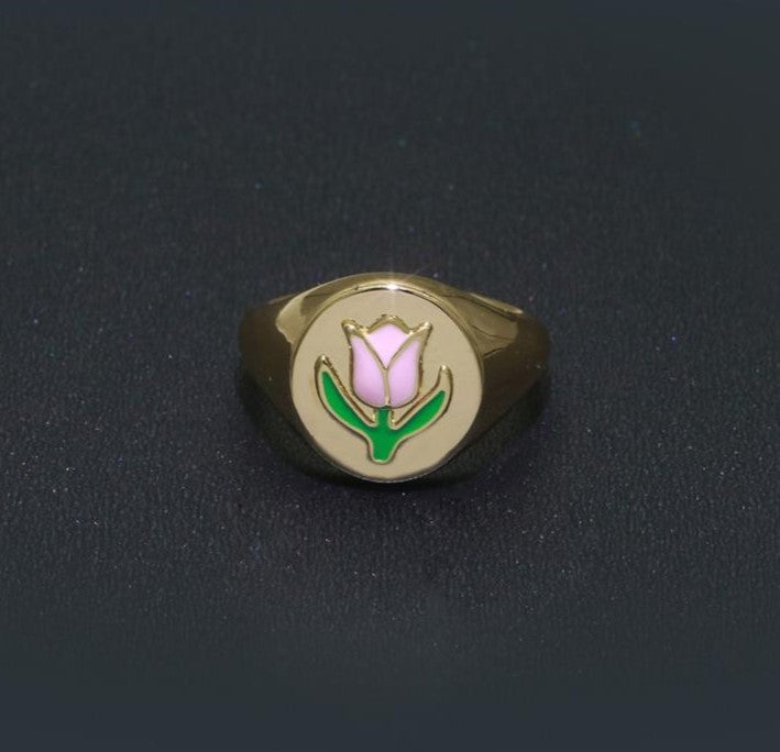 Colorful Dripping Oil Tai Chi Purple Tulip Gold Signet Ring