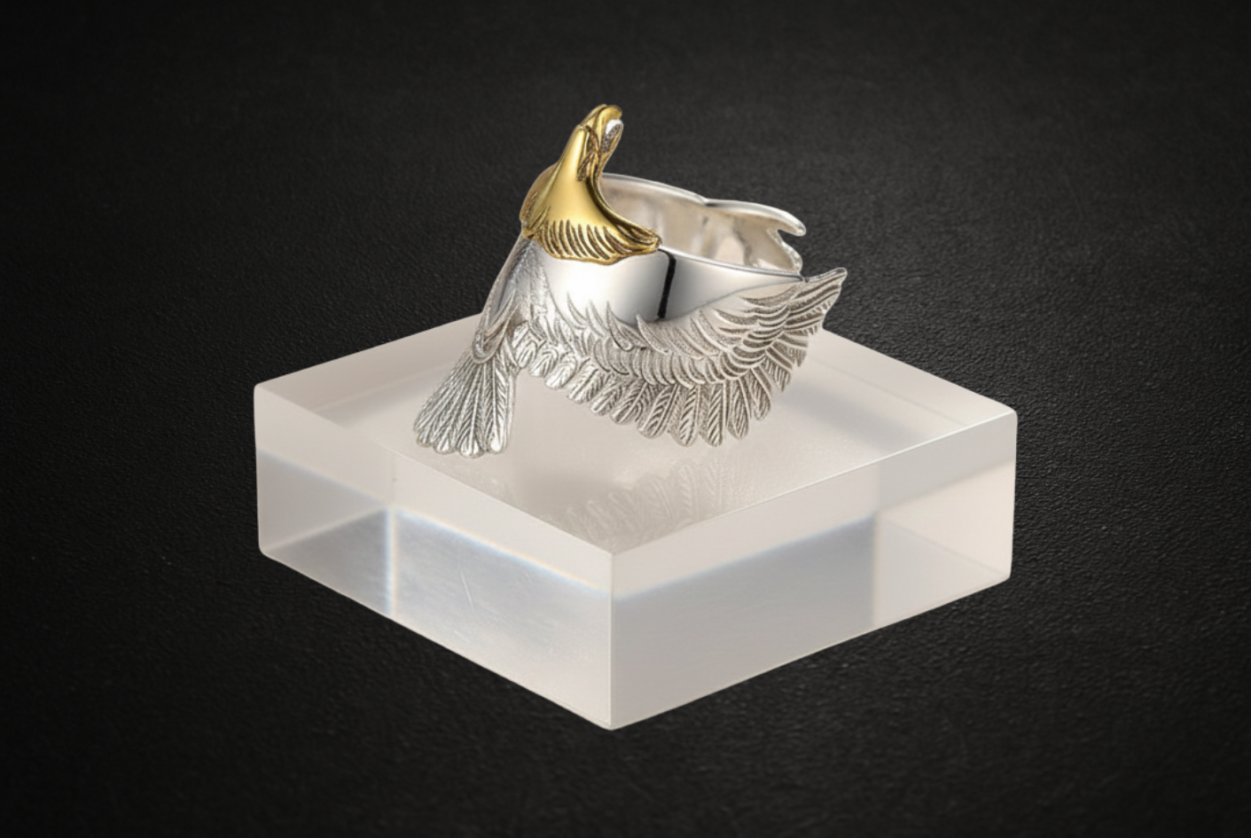Men's Carved Flying Eagle Wings Open Sterling Silver Plated Two-Tone Ring