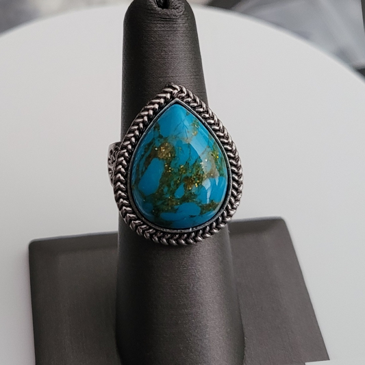 Big Tibetan Blue Turquoise Carved Flower Antique Silver Ring