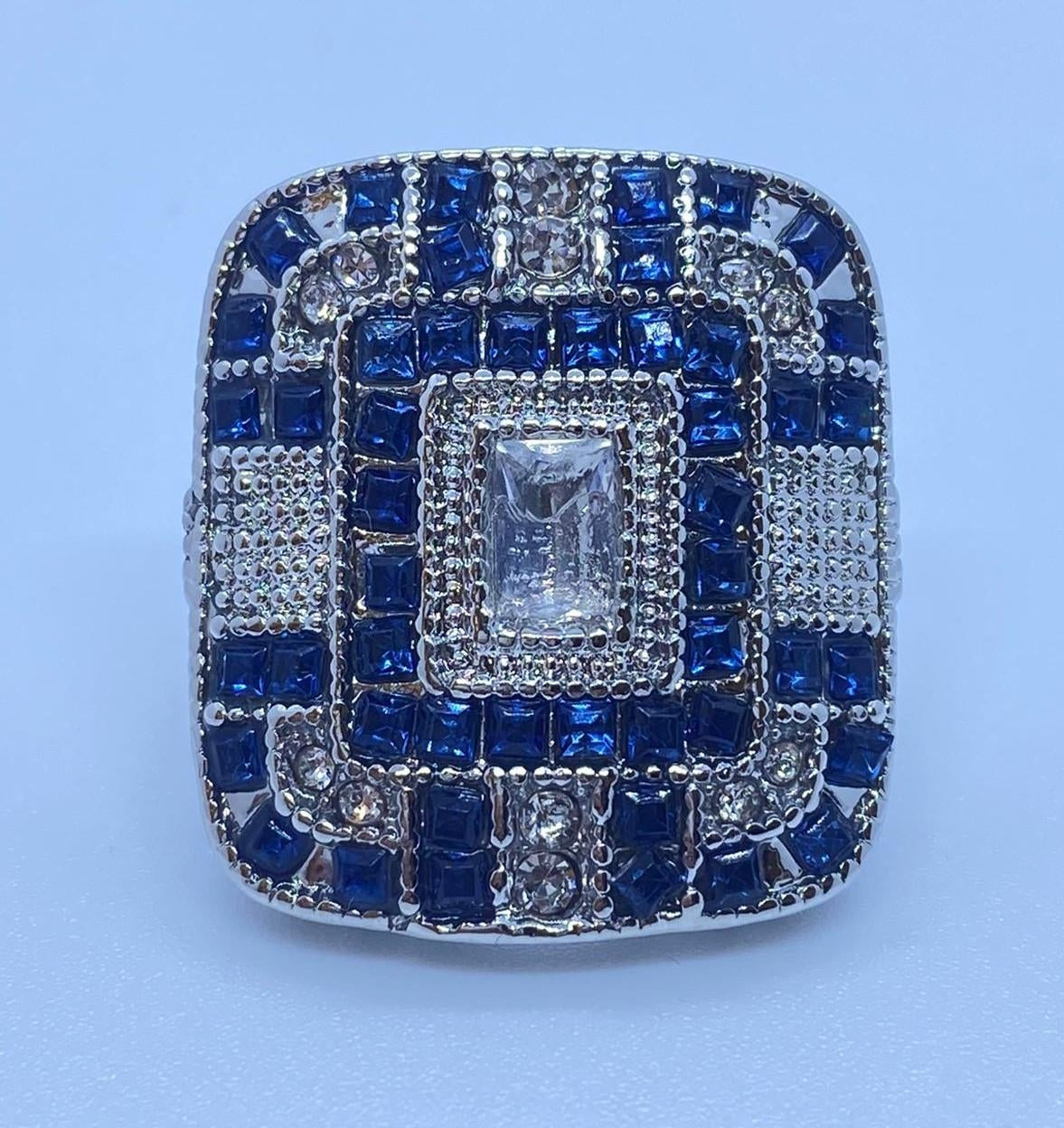 Antique Art Deco Natural Blue Sapphire & CZ Gemstone Silver Ring