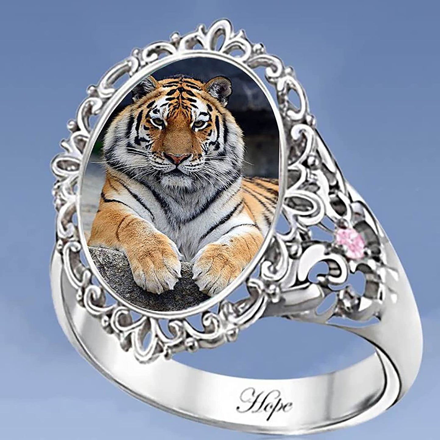 Vintage Oval Cut Enamel Tiger Silver Animal Ring
