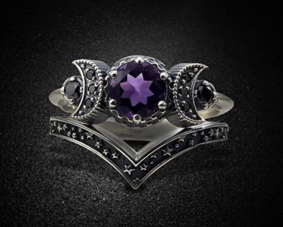 2pcs Vintage Triple Moon Purple Amethyst Silver Gothic Ring