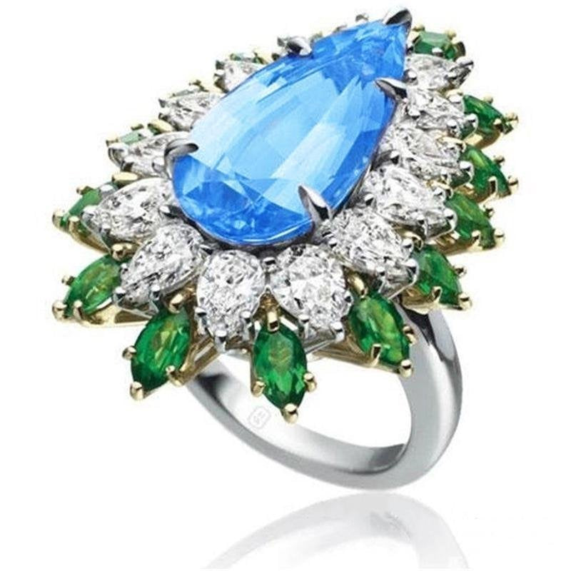 25mm Pear Cut Blue Water Drop Emerald Topaz Flower Ring