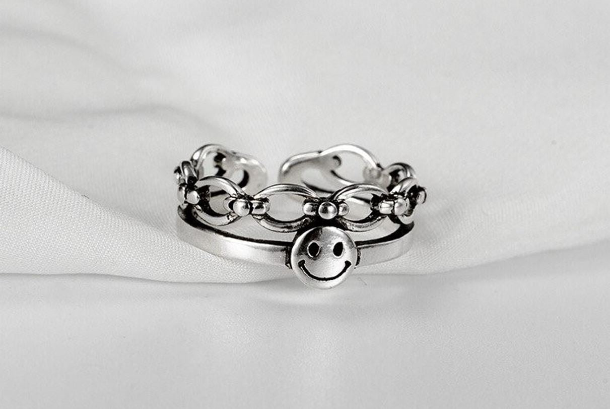 S925 Silver Punk Color Happy Smiling Face Retro Open Ring