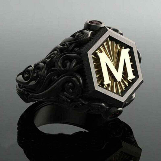 Men's Midnight Sovereign Letter “M” Carved Crest with Gold Emblem Ring