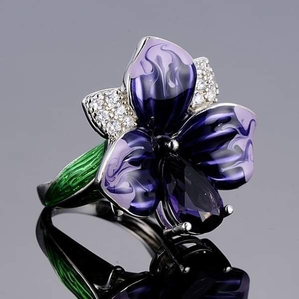 Huge 925 Sterling Silver Purple Flower Floral Ring