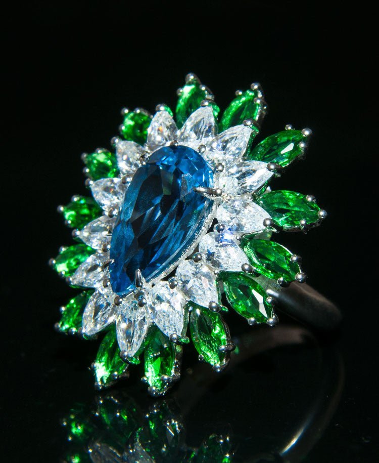 25mm Pear Cut Blue Water Drop Emerald Topaz Flower Ring