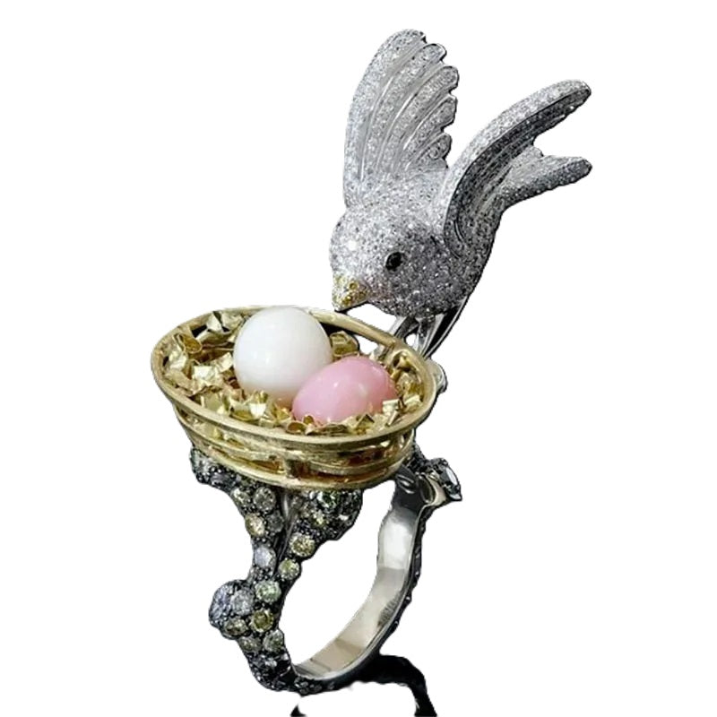 Bird Nest Faux Pearl Egg Crystal Pave Statement Ring Unique Gift