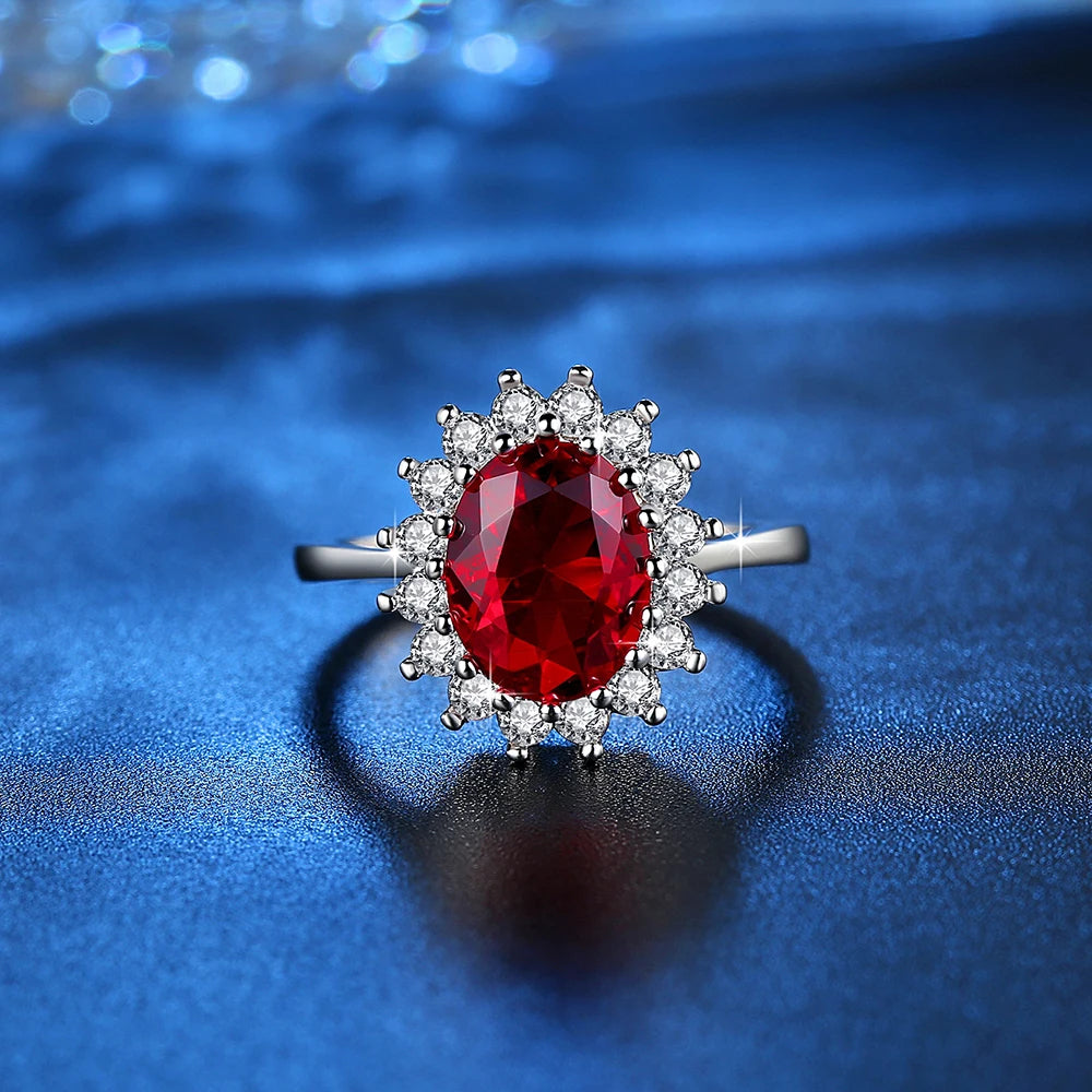 Sterling Silver Oval Ruby Red Flower Open Ring