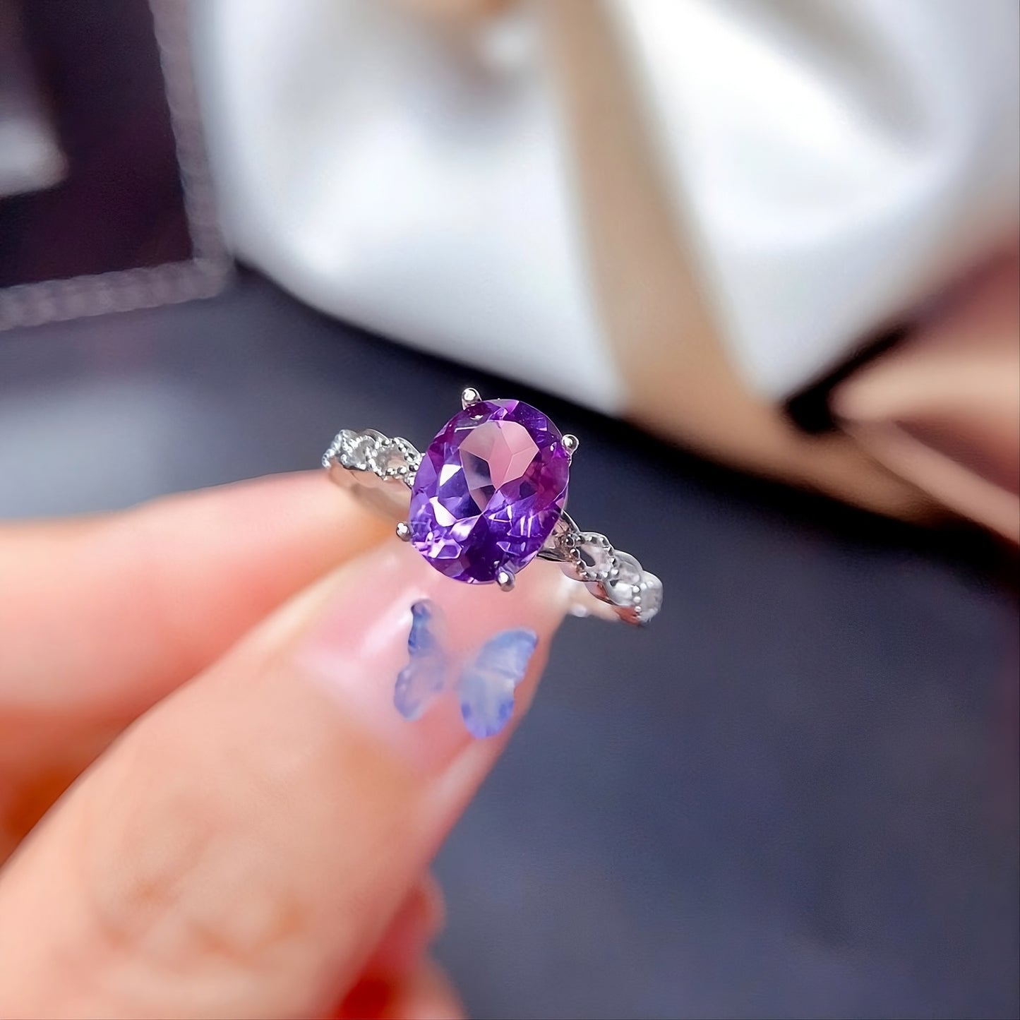 Purple CZ Solitaire 925 Sterling Silver Hollow Band Ring for Women