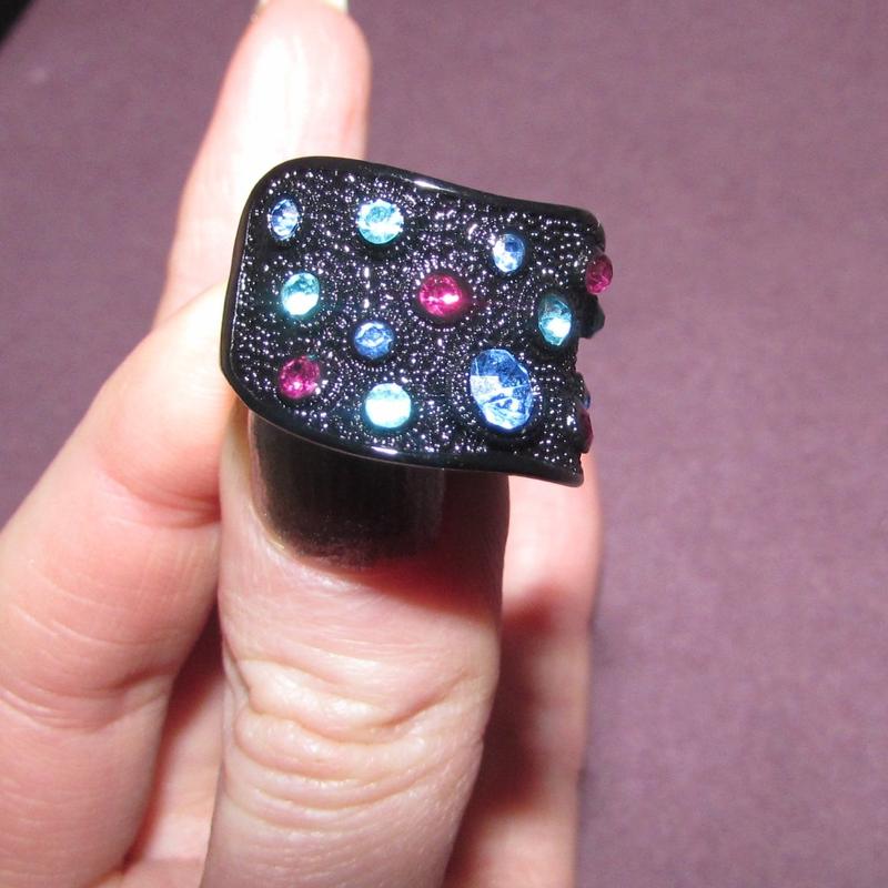 Wide Black Rhodium Plated Multicolor Crystals Paved Index Ring