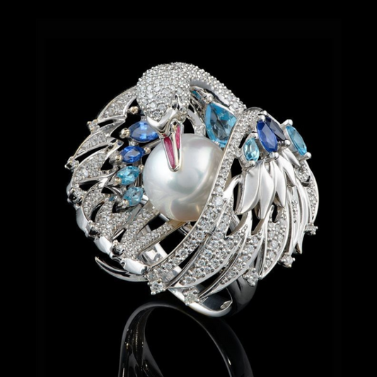 Exquisite Swan White Pearl & Blue Rhinestone Silver Ring