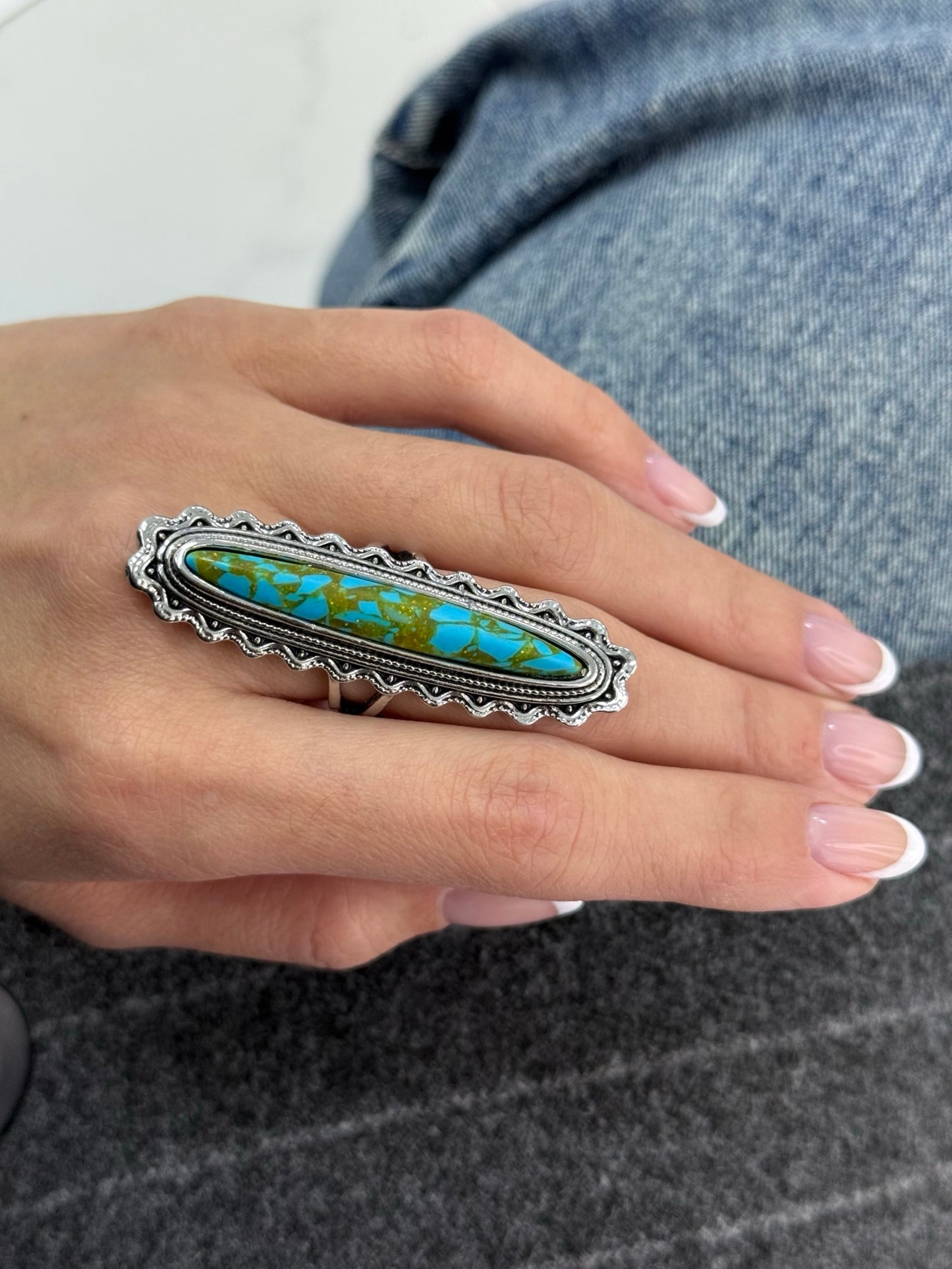 Long Vintage Blue Turquoise Antique Silver Ring