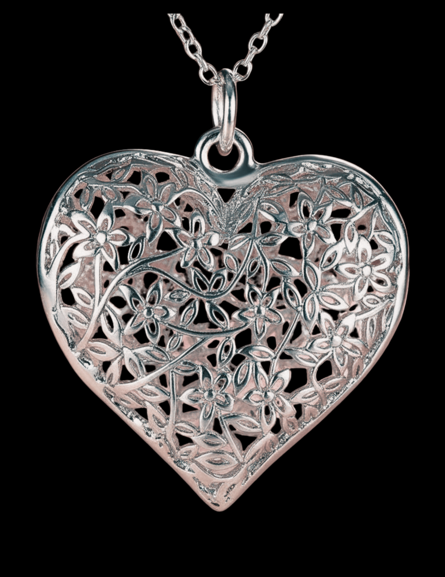 3.5cm Hollow Sterling Silver Floral Hollow Heart Pendant Necklace & Chain