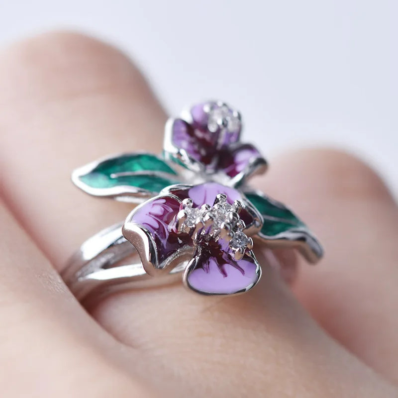 Sterling Silver Purple Plum Lotus Flower Leaves Enamel Ring