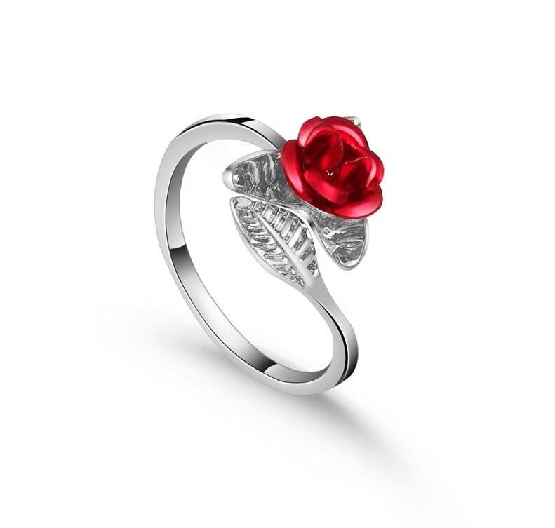 Exquisite Red Rose Flower Leaf Open Cocktail Ring