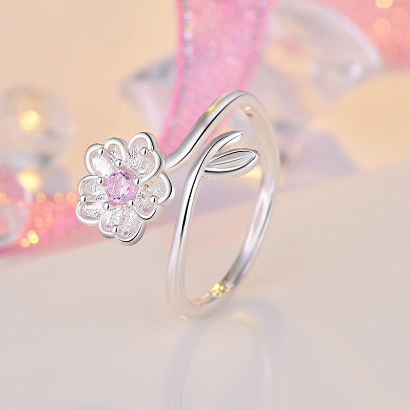 Sterling Silver Pink Flower Open Sakura Ring