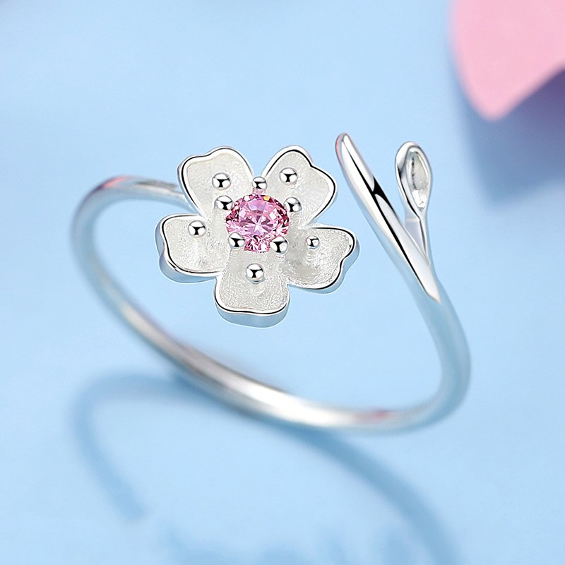 Sterling Silver Pink Flower Open Sakura Ring