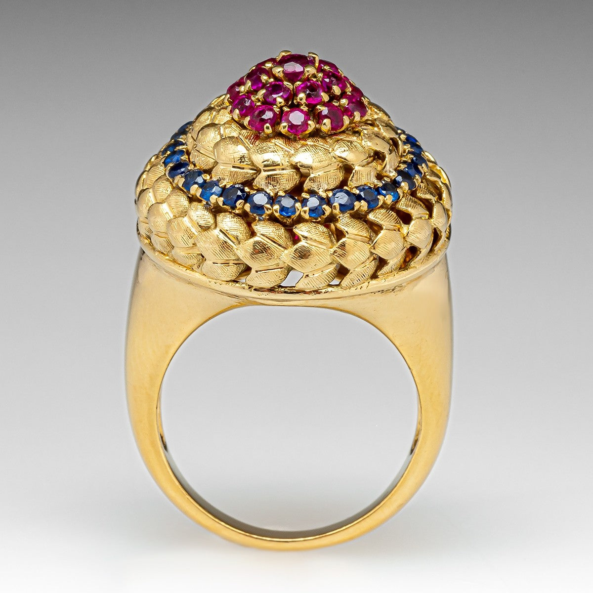 Ethnic Red & Blue Zircon Geometric Round Dome Gold Ring
