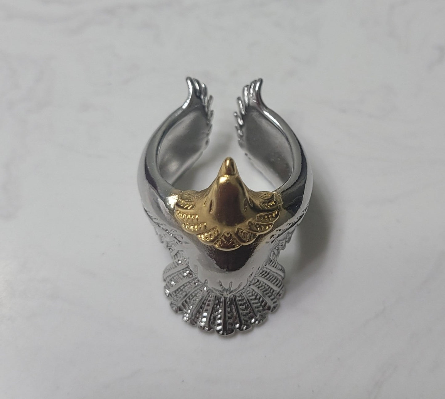 Men's Carved Flying Eagle Wings Open Sterling Silver Plated Two-Tone Ring