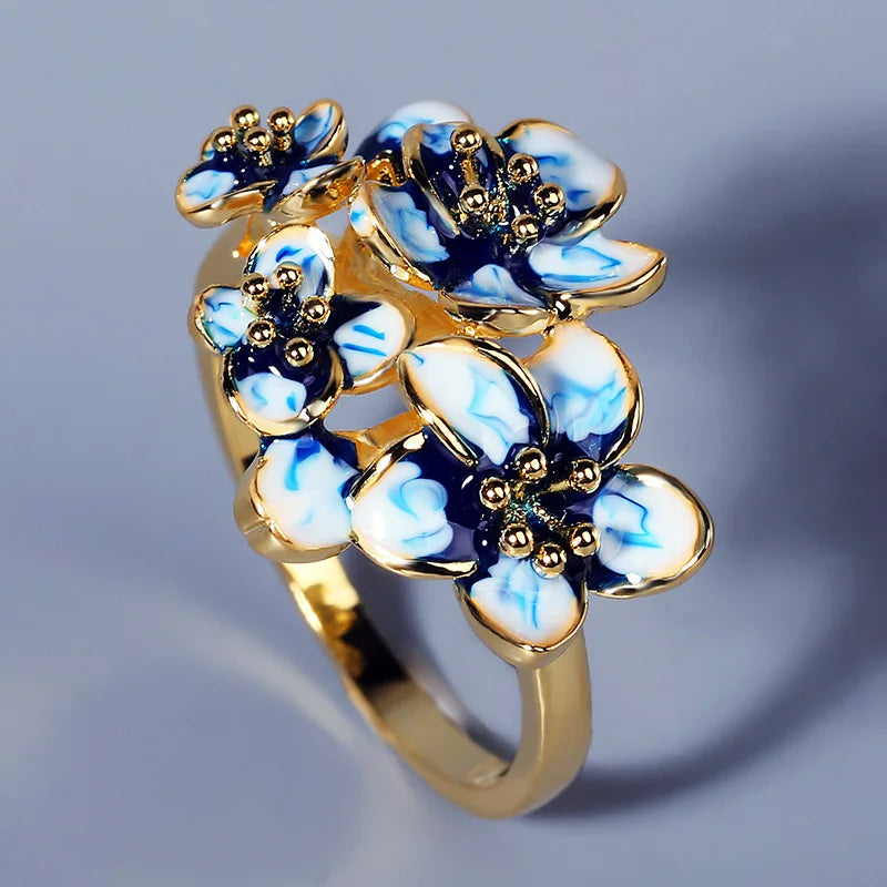 925 Sterling Silver Filled Blue Enamel Lotus Flower Gold Tone Ring