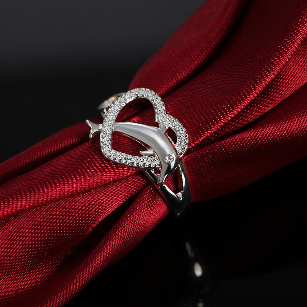 925 Sterling Silver Cute Dolphin Hollow Heart Ring