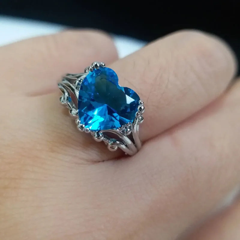 12mm Blue Aquamarine Silver Tone Heart Shaped Ring
