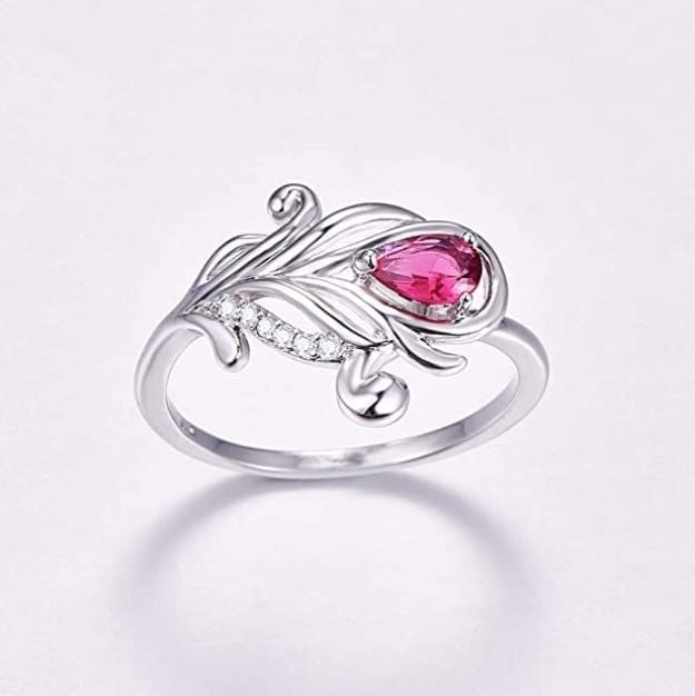 925 Sterling Silver Pink Water Drop Leafy Ring