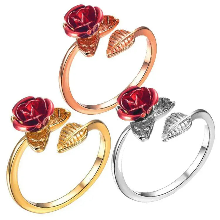 Exquisite Red Rose Flower Leaf Open Cocktail Ring