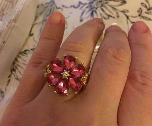 Huge Floral Flower Pedals Pink Gemstone Gold Ring